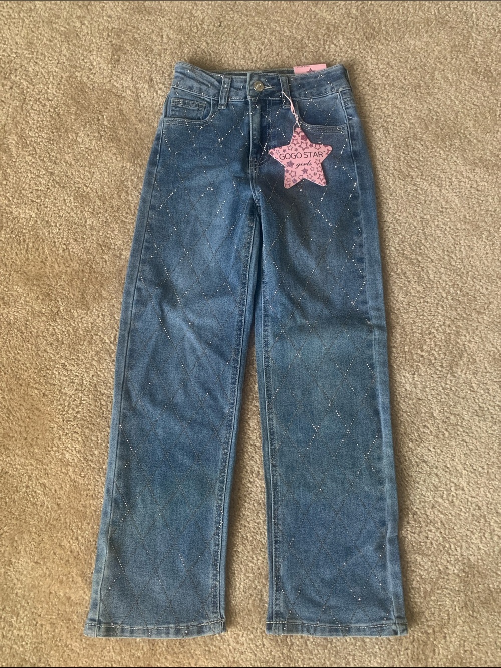Girls Premium Soft Straight Leg Denim Blue Jeans w/ rhinestone front Size 7 NWT